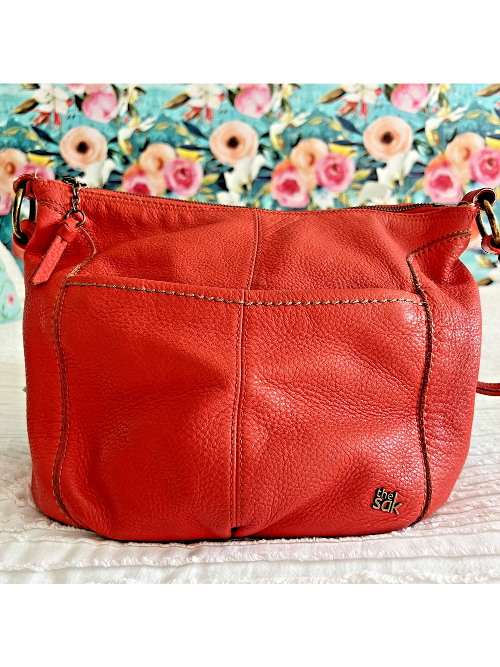 The Sak Red Orange Pebbled Leather Hobo Shoulder Bag Contrast Stitch Purse
